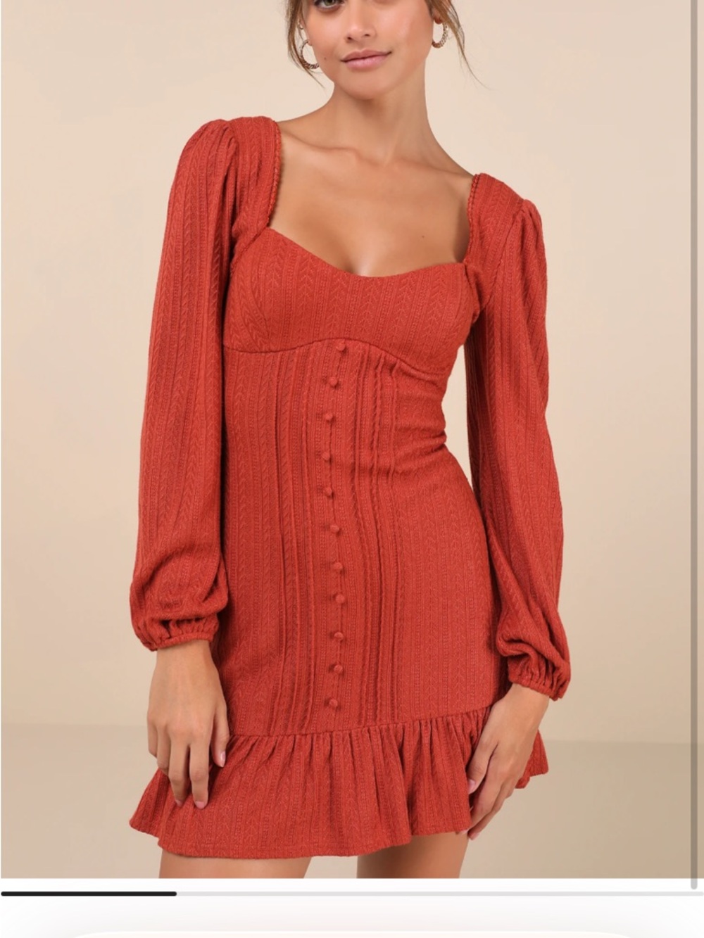 Lulu's Rust-Tone Long Sleeve Square Neck Mini Dress